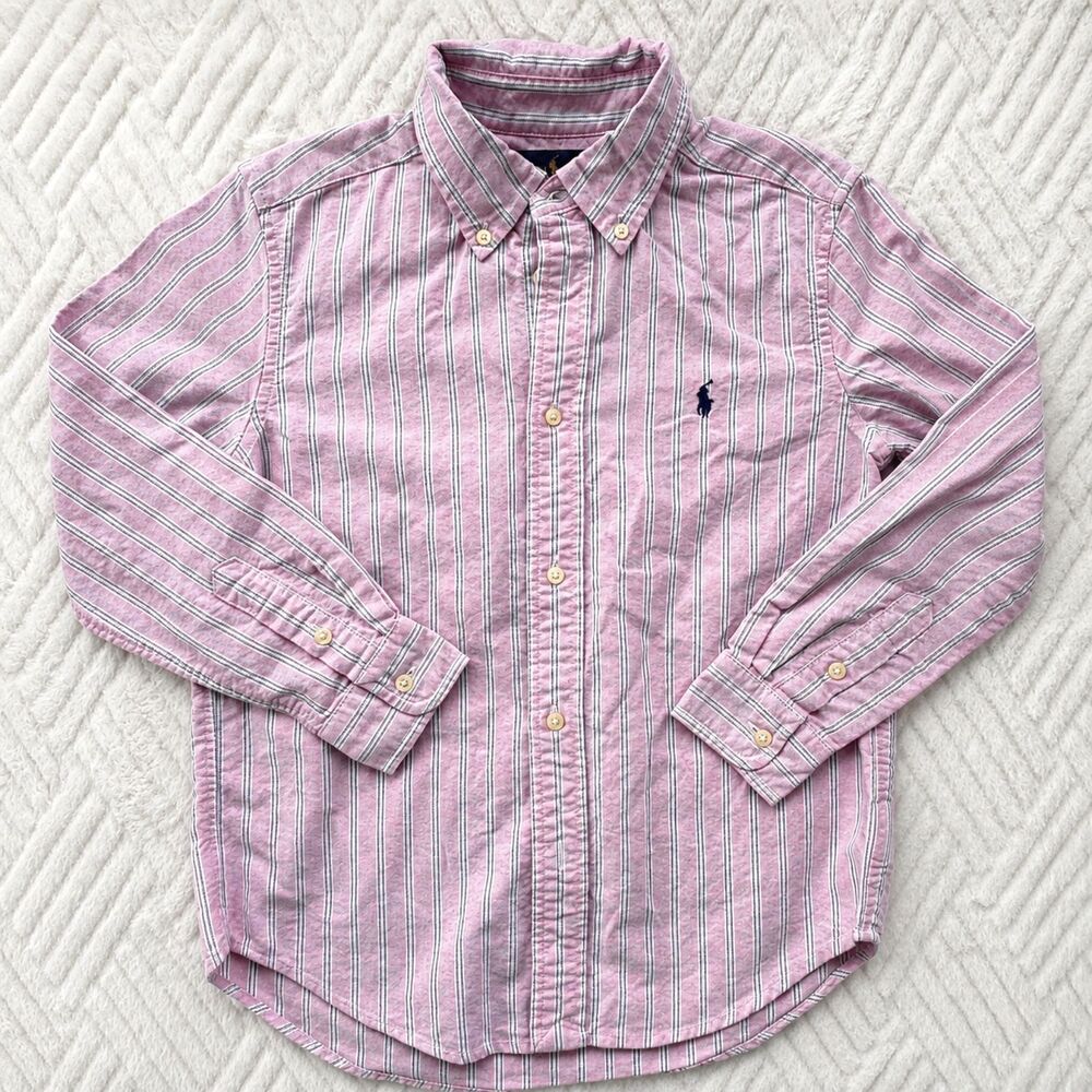 Polo Ralph Lauren Boys 7 Pink Striped Button Down Shirt Cotton Oxford Logo